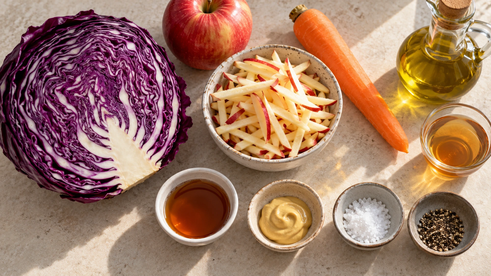 Ingredients for apple cabbage slaw with maple Dijon dressing