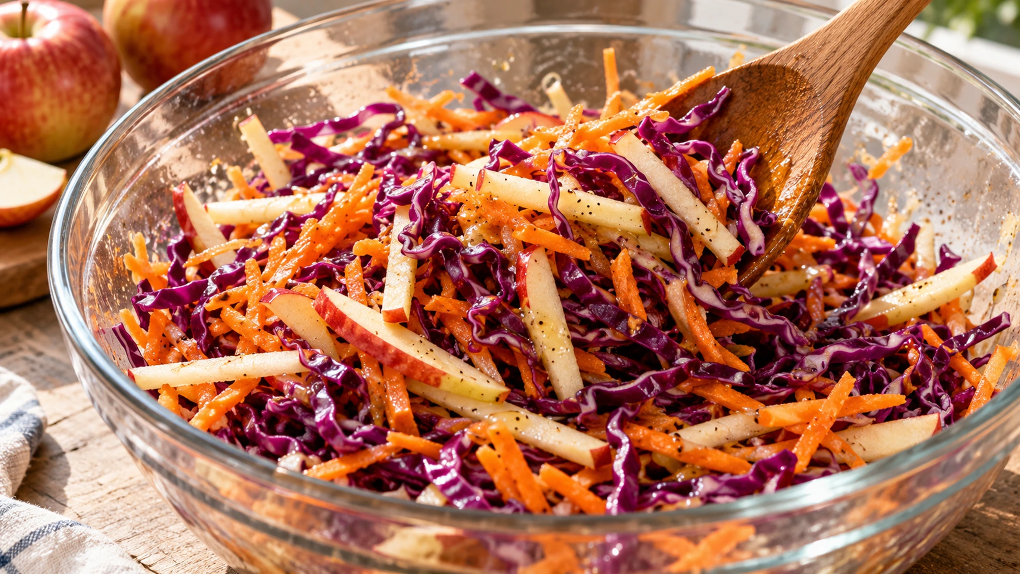 Tossing apple cabbage slaw in a large bowl