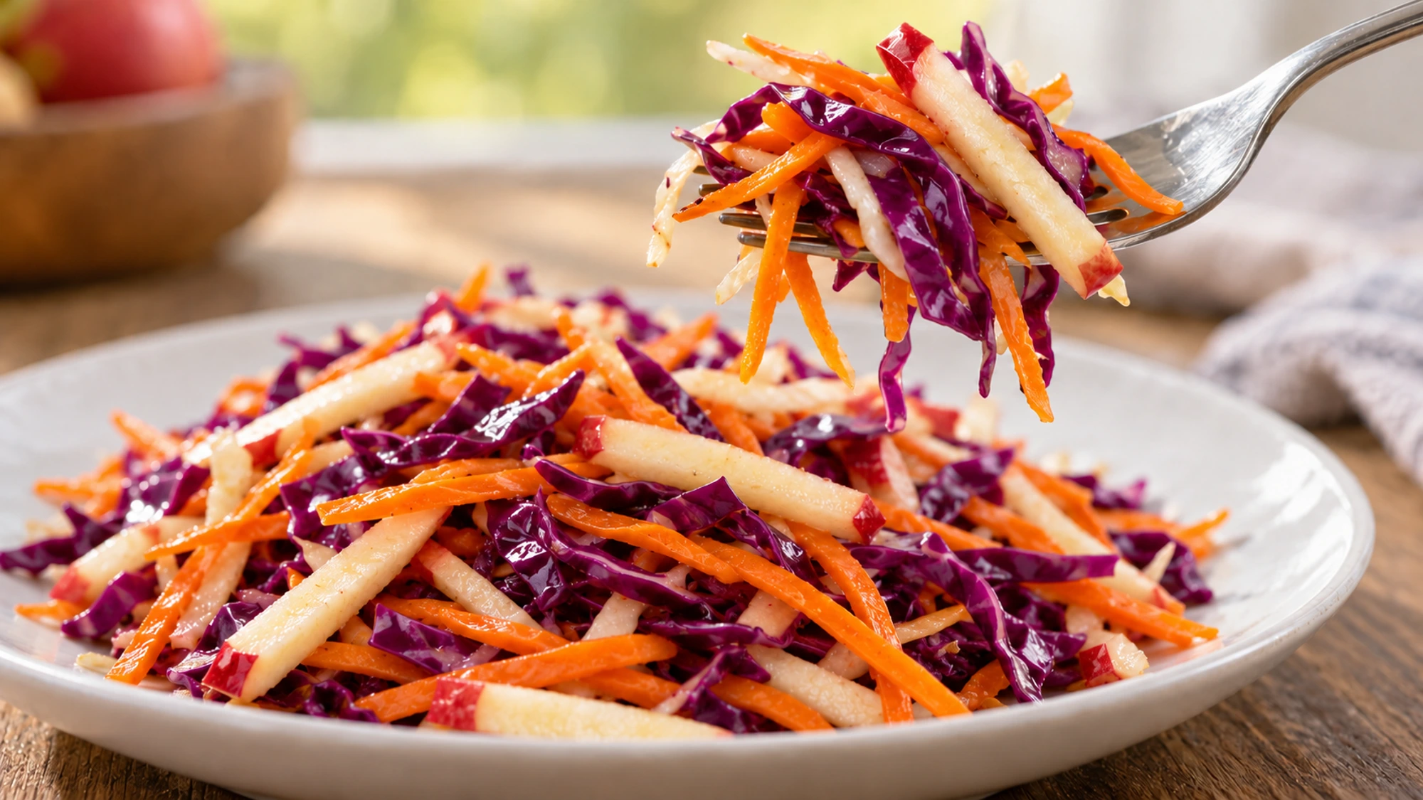 Forkful of apple cabbage slaw showing thin crisp ribbons