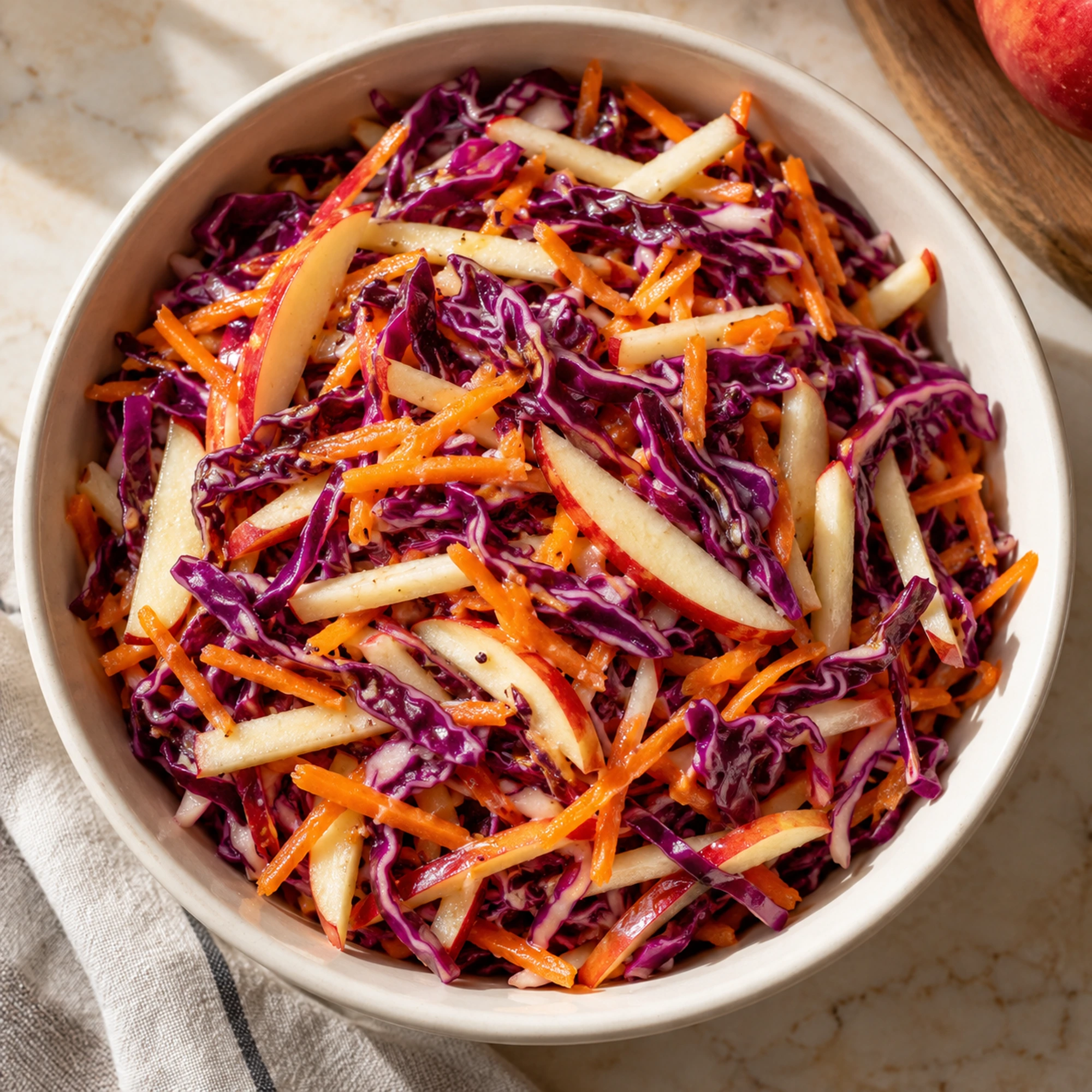 Overhead bowl of apple cabbage slaw