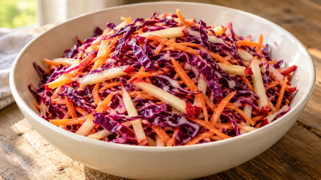 Apple cabbage slaw with red cabbage carrot and red-skinned apple matchsticks