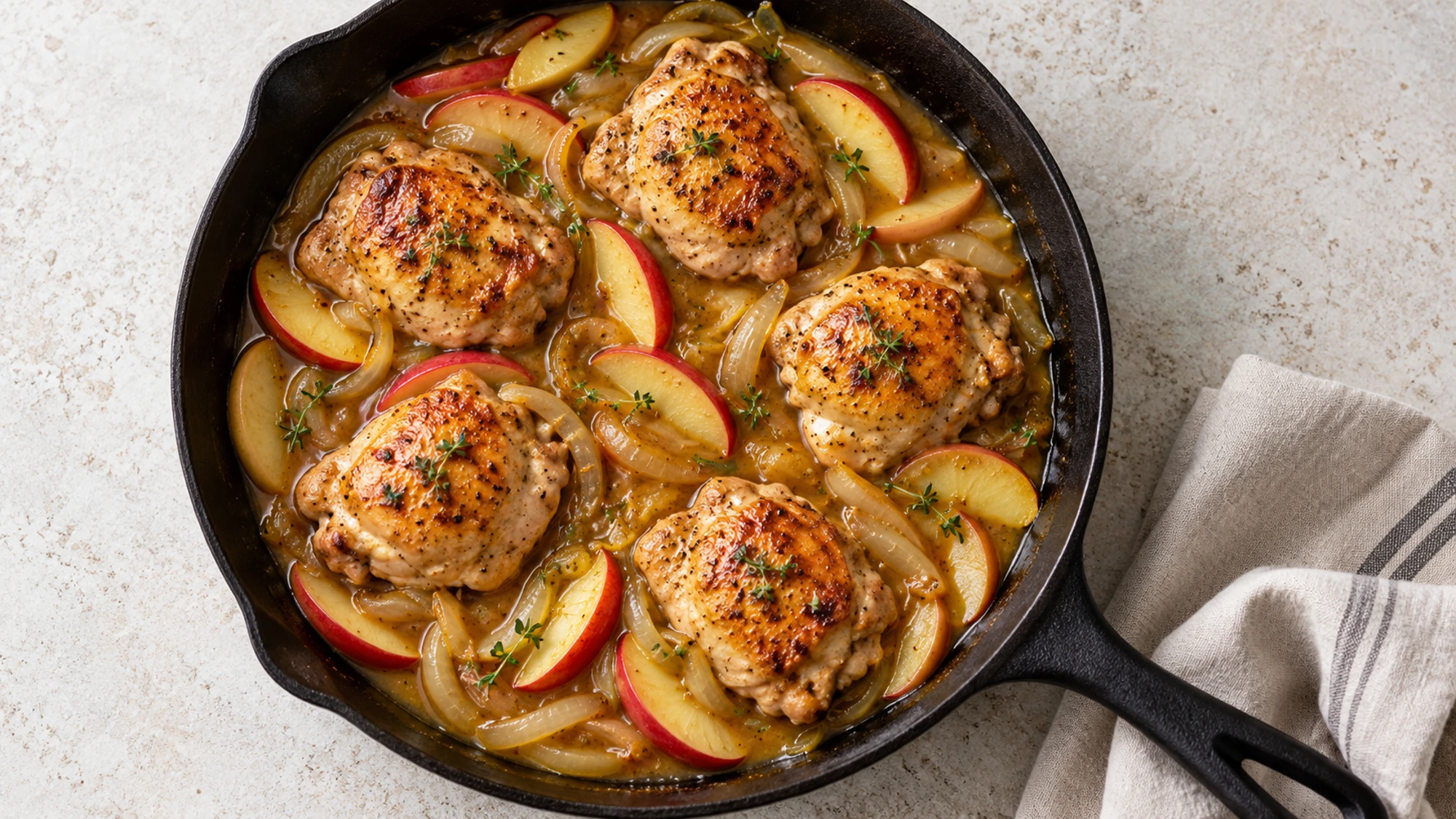 Overhead view of golden apple cider chicken and thyme in a dark skillet