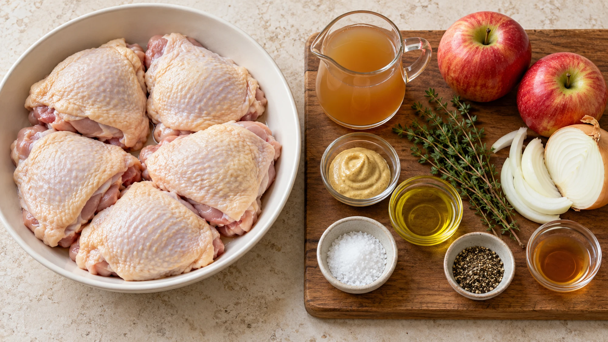Ingredients for apple cider chicken with raw thighs separate from apples, onion, cider, and seasonings