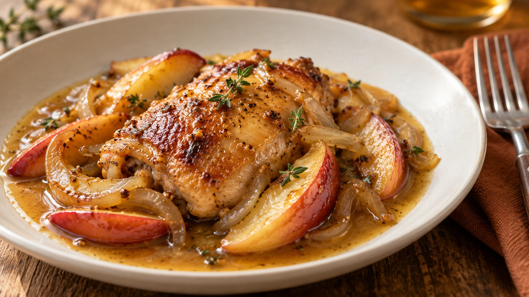 Apple cider chicken thigh with apple wedges, onions, and pan sauce on a plate