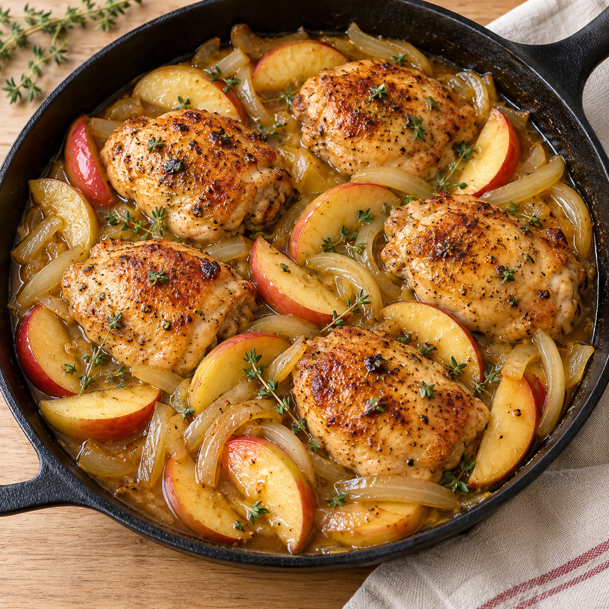Square close view of apple cider chicken thighs in a skillet