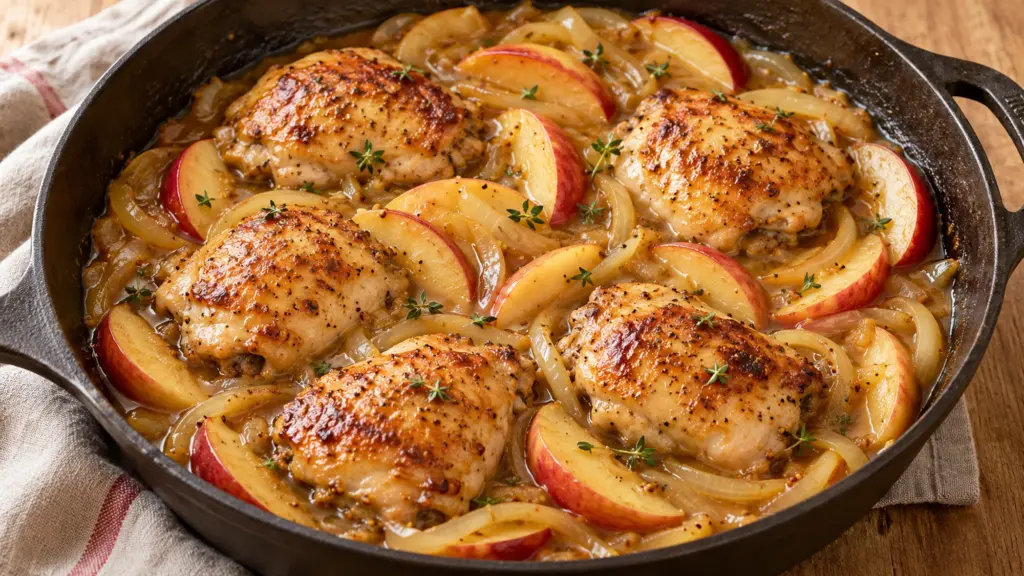Apple cider chicken thighs with apple wedges and onions in a skillet