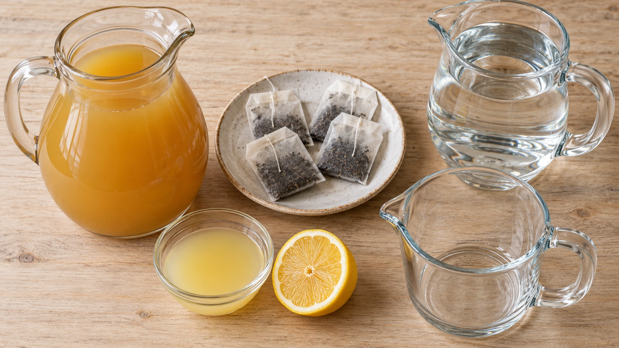 Apple cider iced tea ingredients with cider, tea bags, water, and lemon