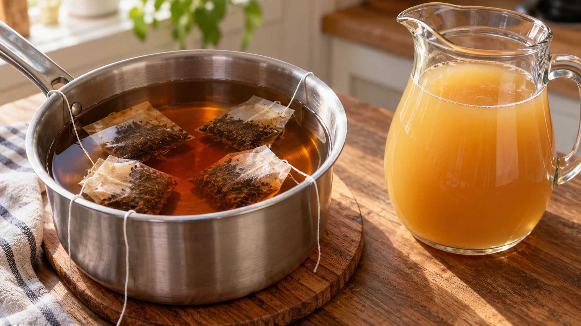 Apple cider iced tea preparation with black tea bags steeping beside cider