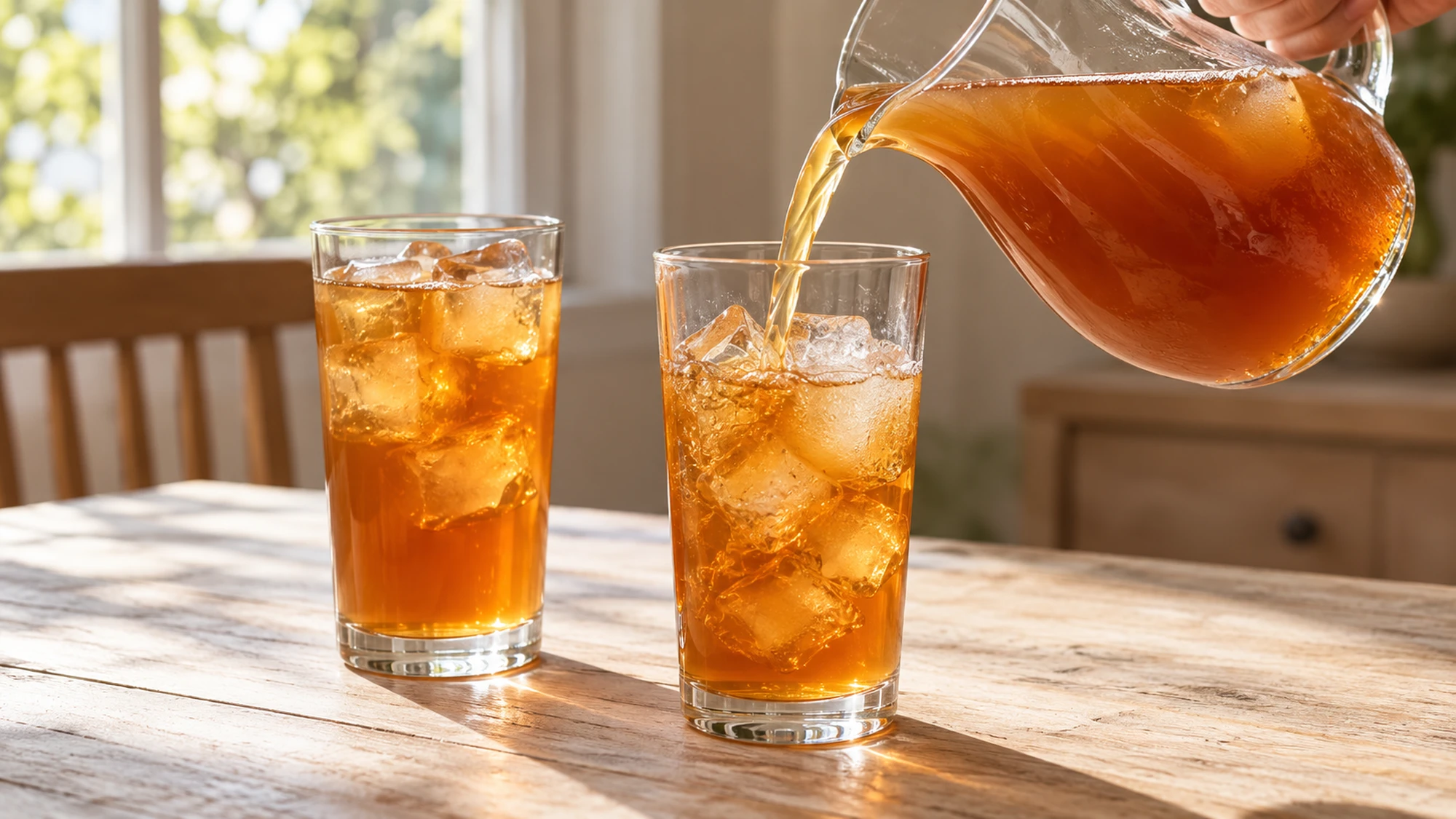 Apple cider iced tea pouring from a pitcher into an ice-filled glass