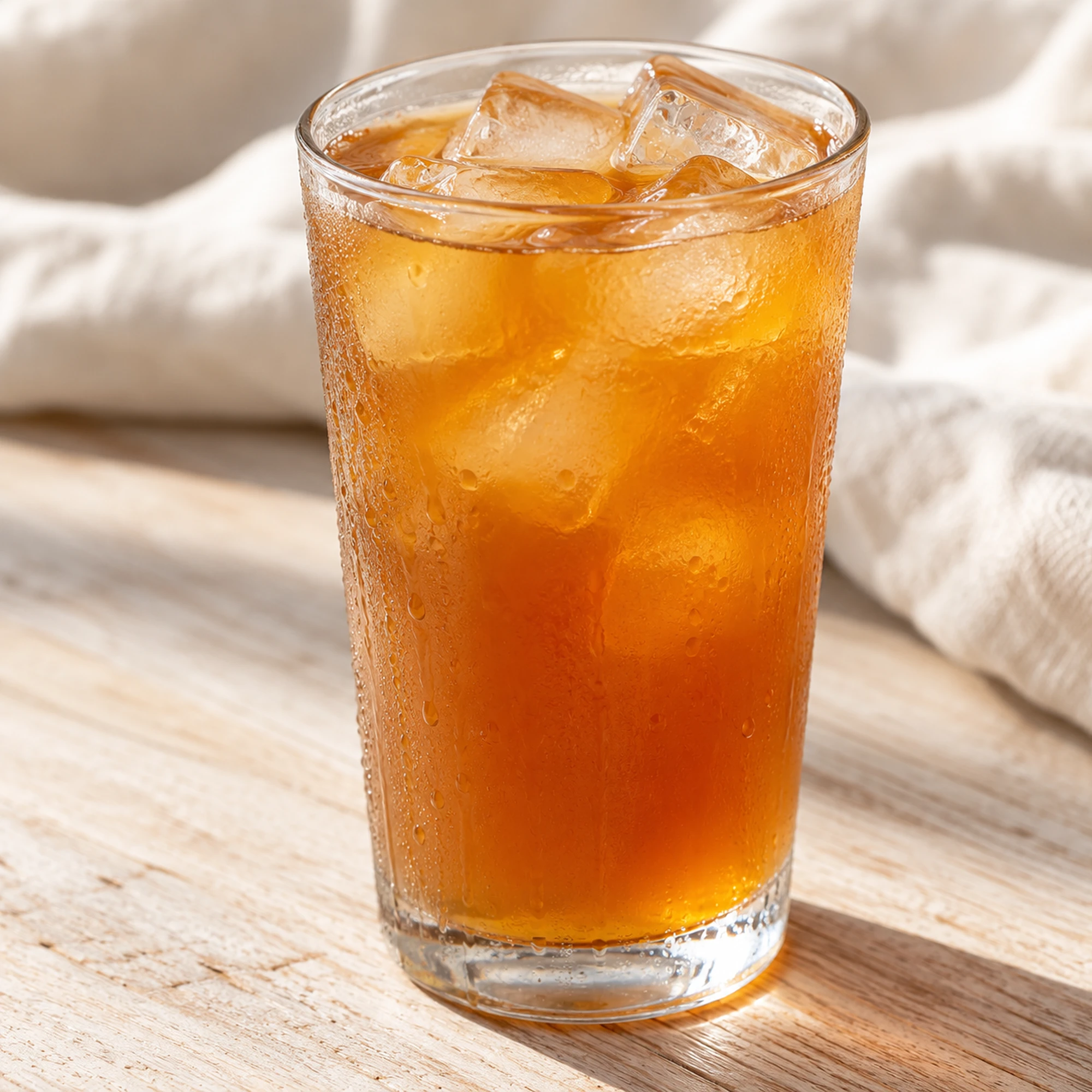 A tall glass of amber apple cider iced tea with ice