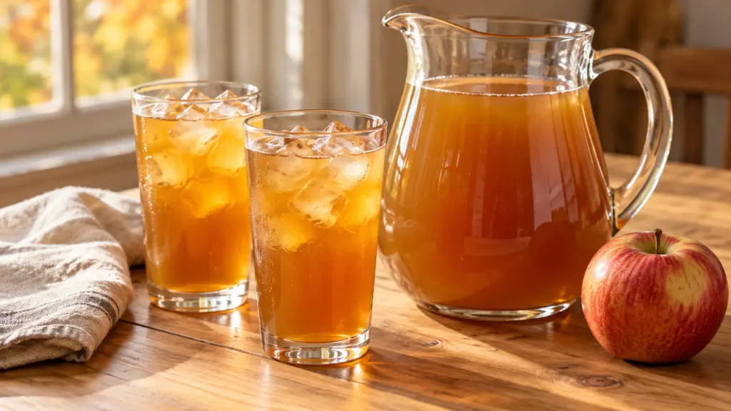 Apple cider iced tea in a pitcher and two tall glasses