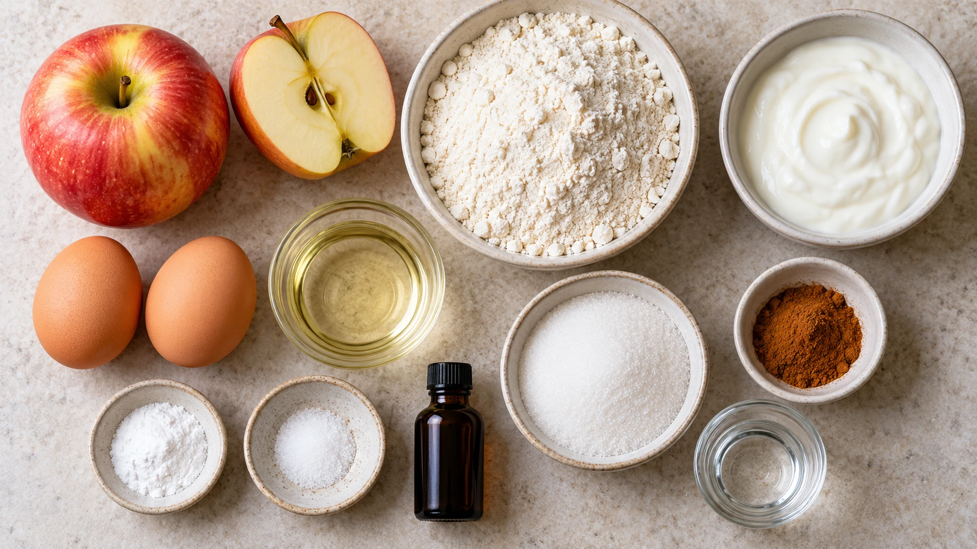 Apples, yogurt, eggs, oil, flour, sugar and cinnamon for apple cinnamon muffins