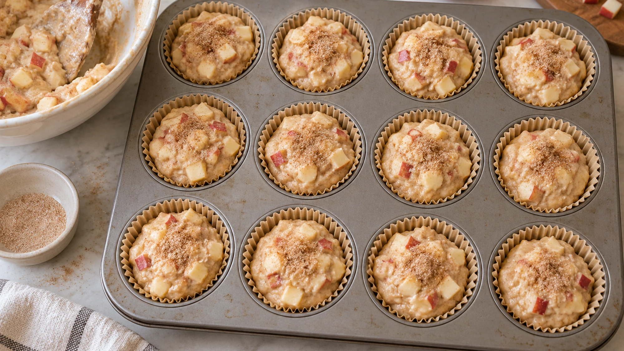 Apple cinnamon muffins batter in twelve lined cups with a light cinnamon-sugar topping