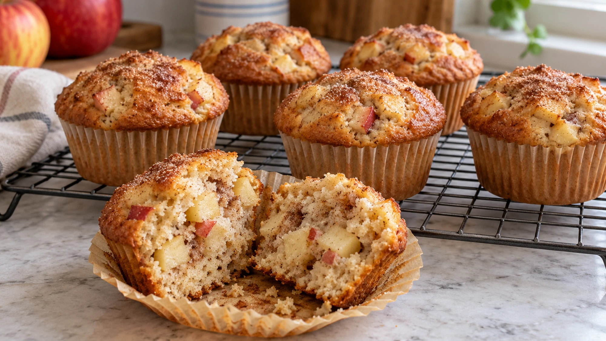 Apple cinnamon muffins cooling on a rack with a split muffin in front