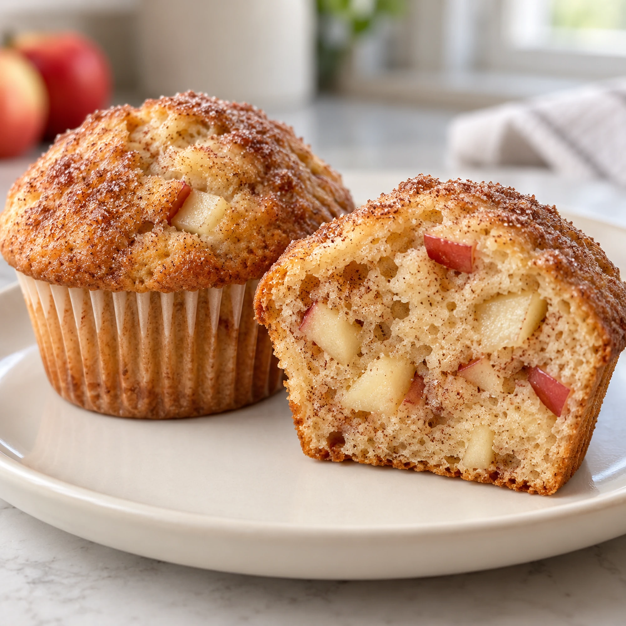 Apple cinnamon muffins on a cream plate with a cut half showing apple pieces