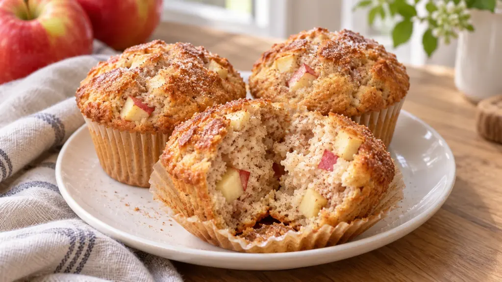 Apple cinnamon muffins with one opened to show diced apples in the crumb