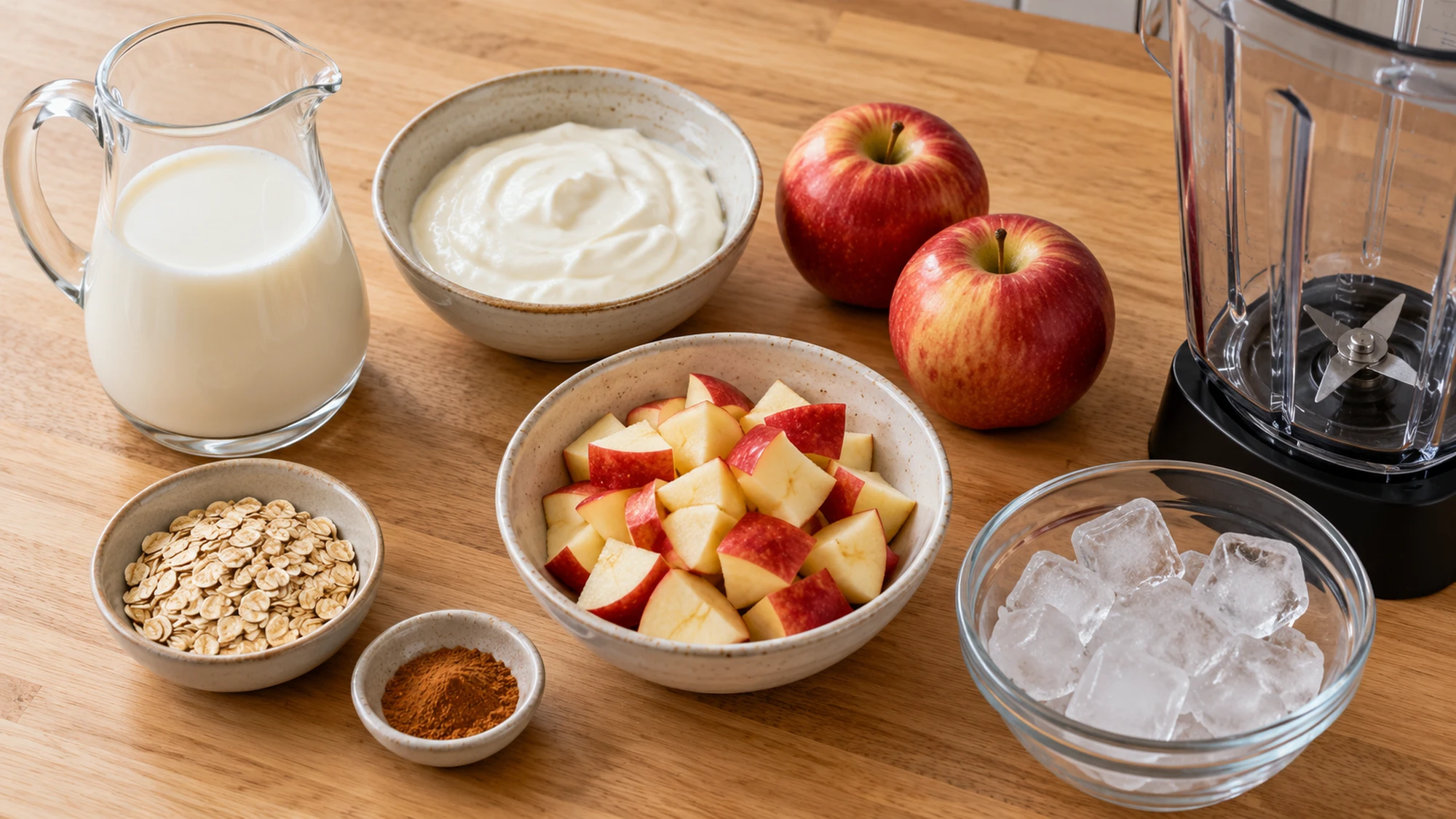 Apple cinnamon smoothie ingredients with apples, milk, yogurt, oats, and cinnamon