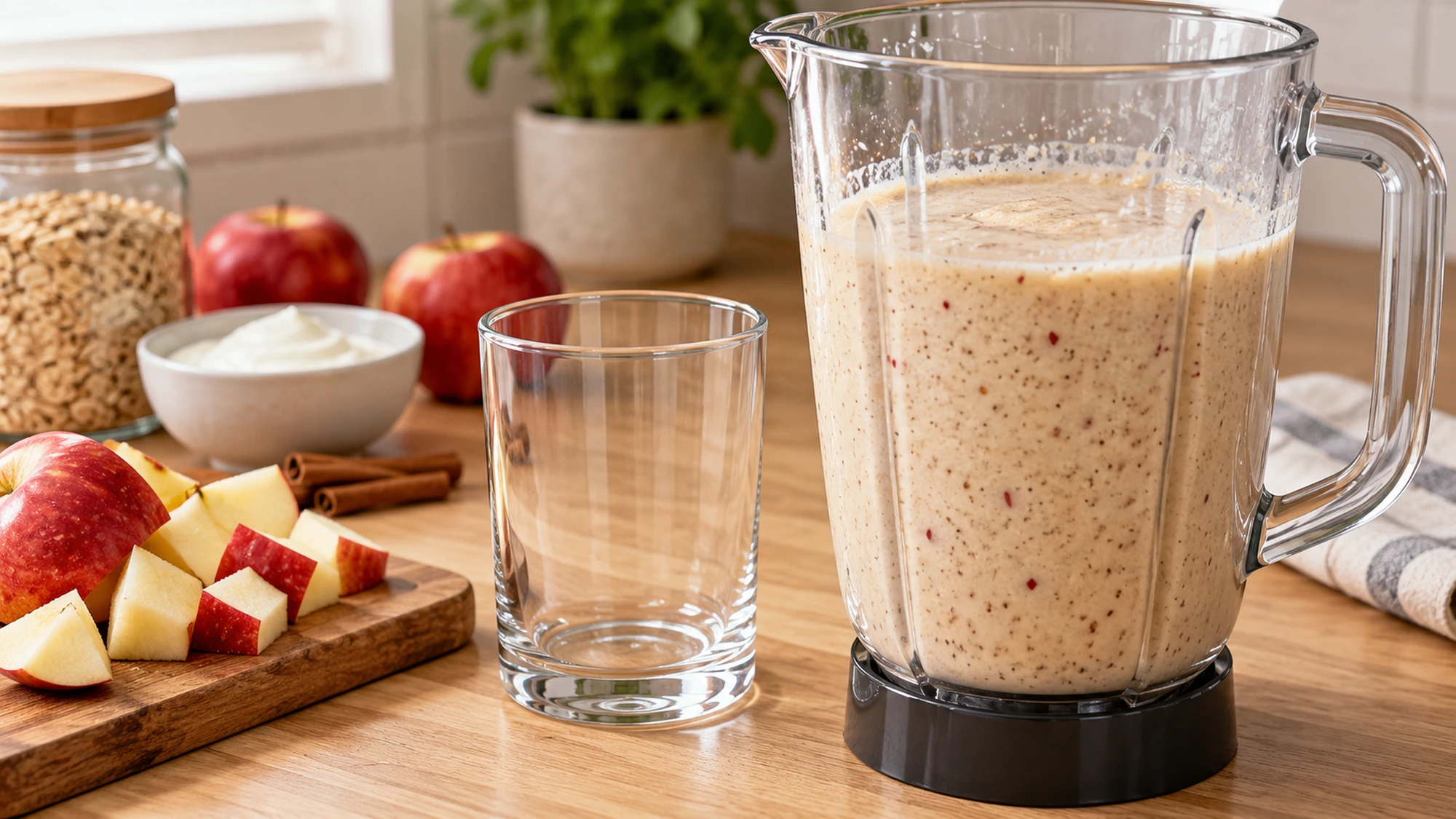 Apple cinnamon smoothie freshly blended in a clear pitcher