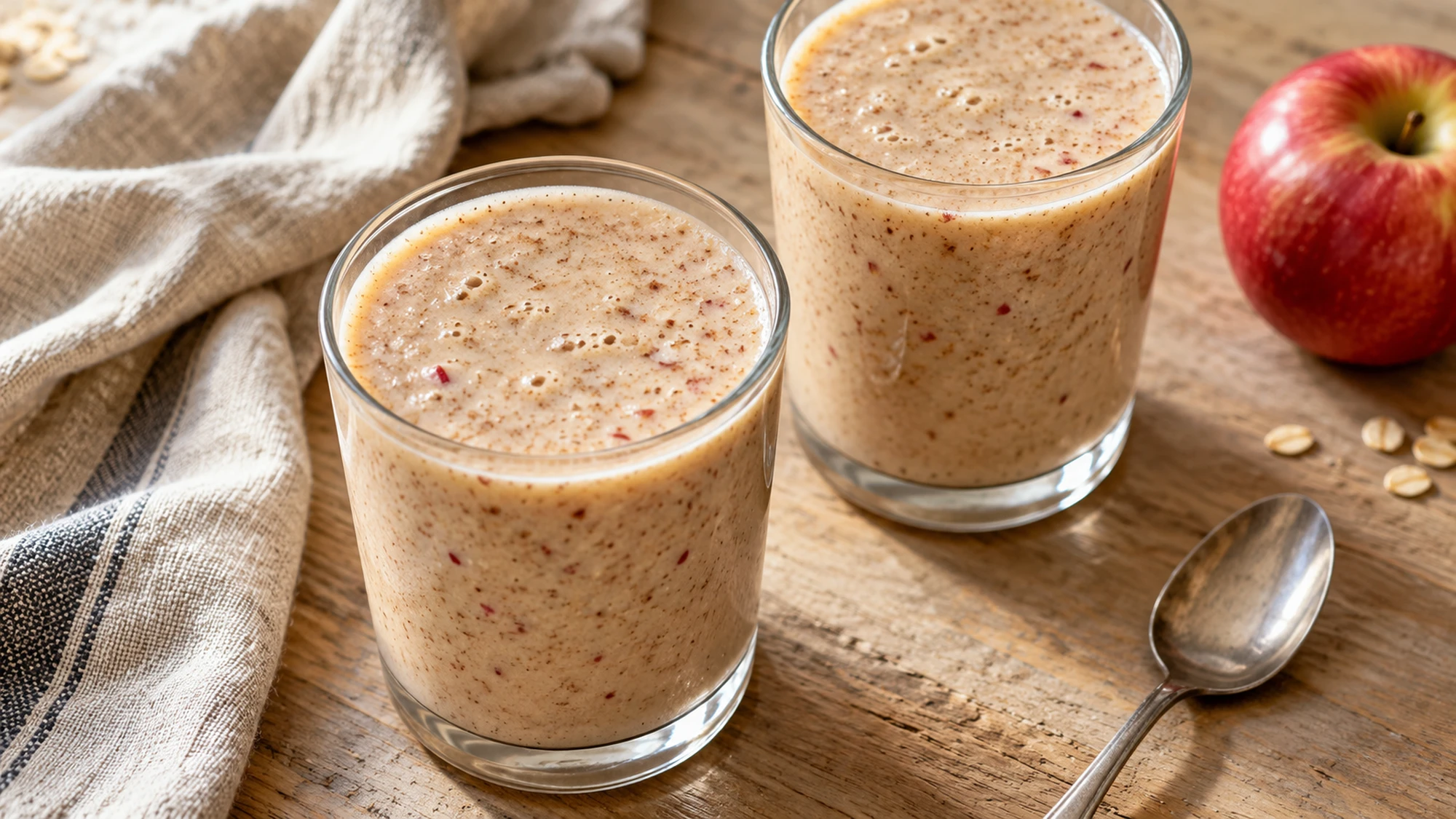 Two glasses of apple cinnamon smoothie on a wooden table