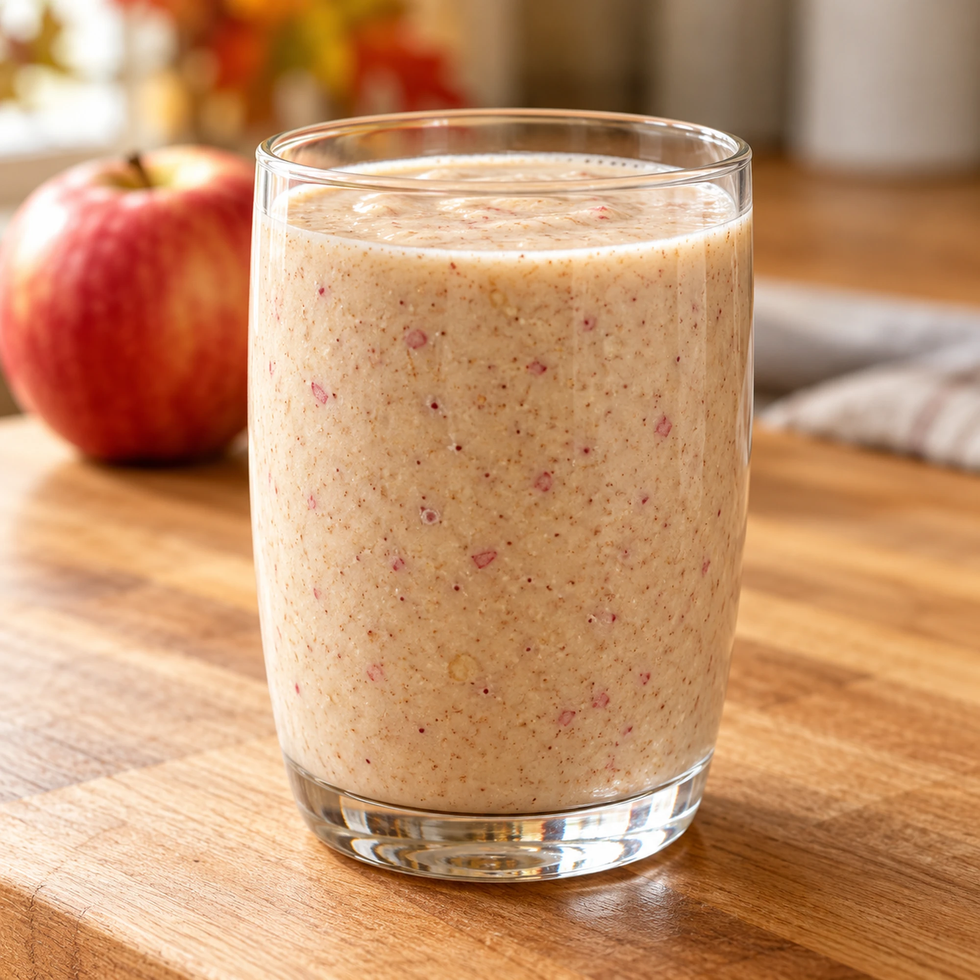 A glass of apple cinnamon smoothie with a creamy lightly flecked texture