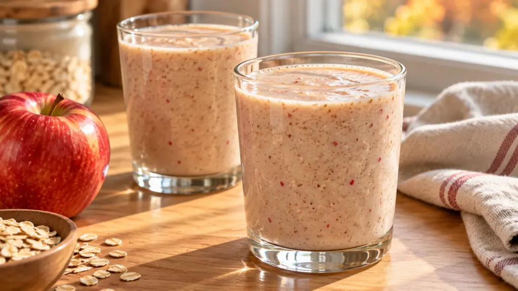 Apple cinnamon smoothie in two glasses with fine apple-skin flecks