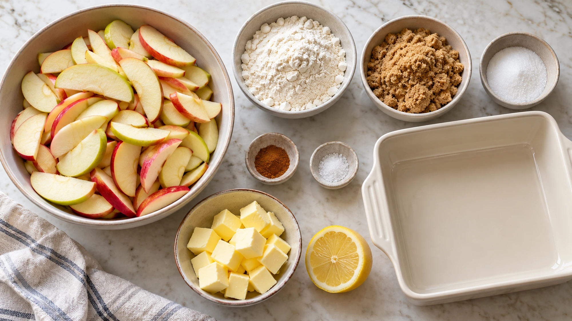 Skin-on sliced apples, flour, sugars, butter, lemon, cinnamon and salt for apple crumble