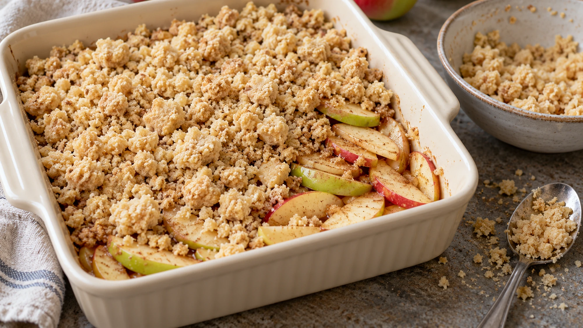 Unbaked apple crumble with rough butter-flour crumbs scattered over sliced apples
