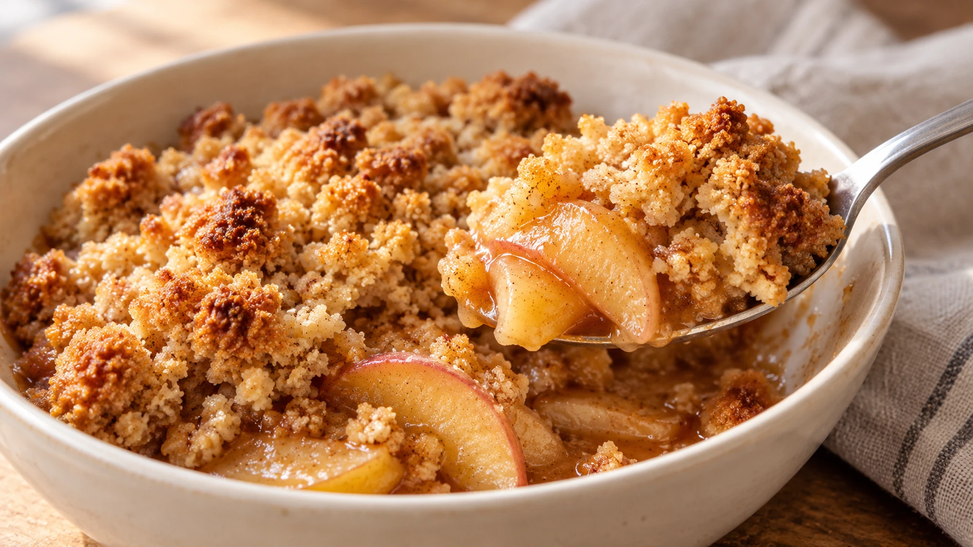 A spoon lifting apple crumble with golden topping and tender skin-on apples