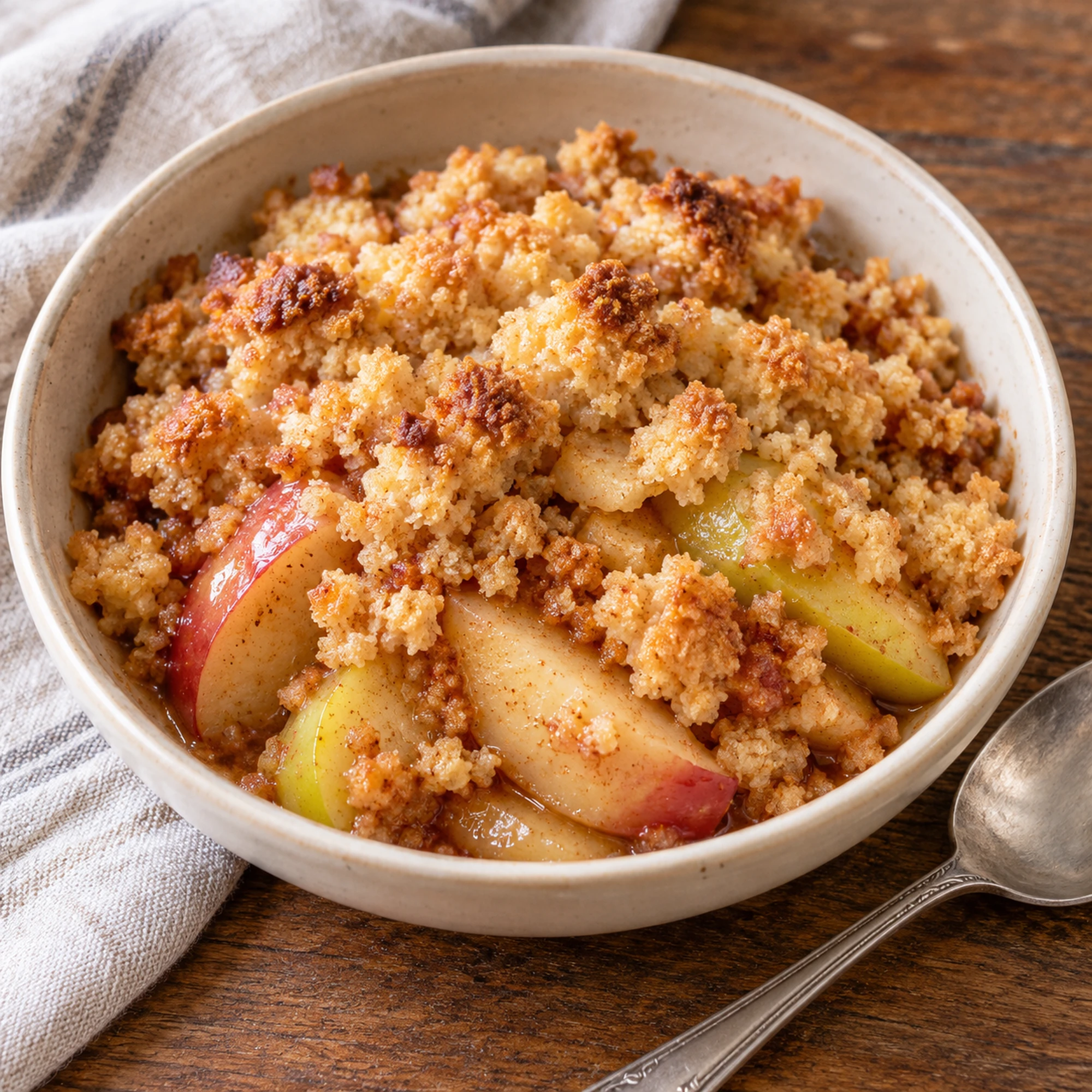 A bowl of apple crumble with golden buttery crumbs and tender apple slices