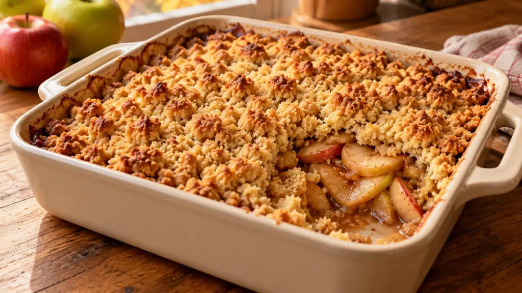 Golden apple crumble in a square baking dish with skin-on apple slices beneath the topping