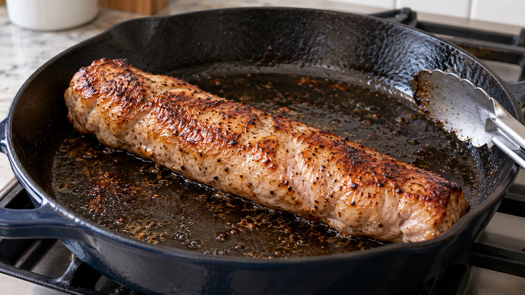 Searing the meat for apple pork tenderloin before roasting with apples and onions