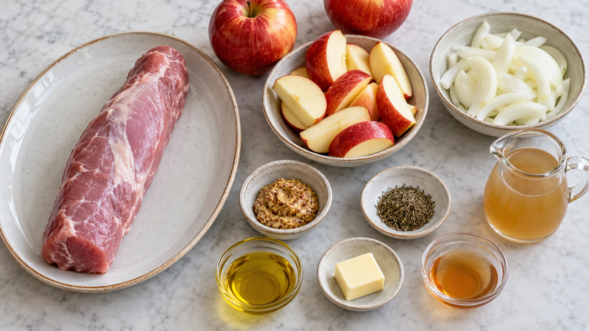 Apple pork tenderloin ingredients with raw pork on a separate plate