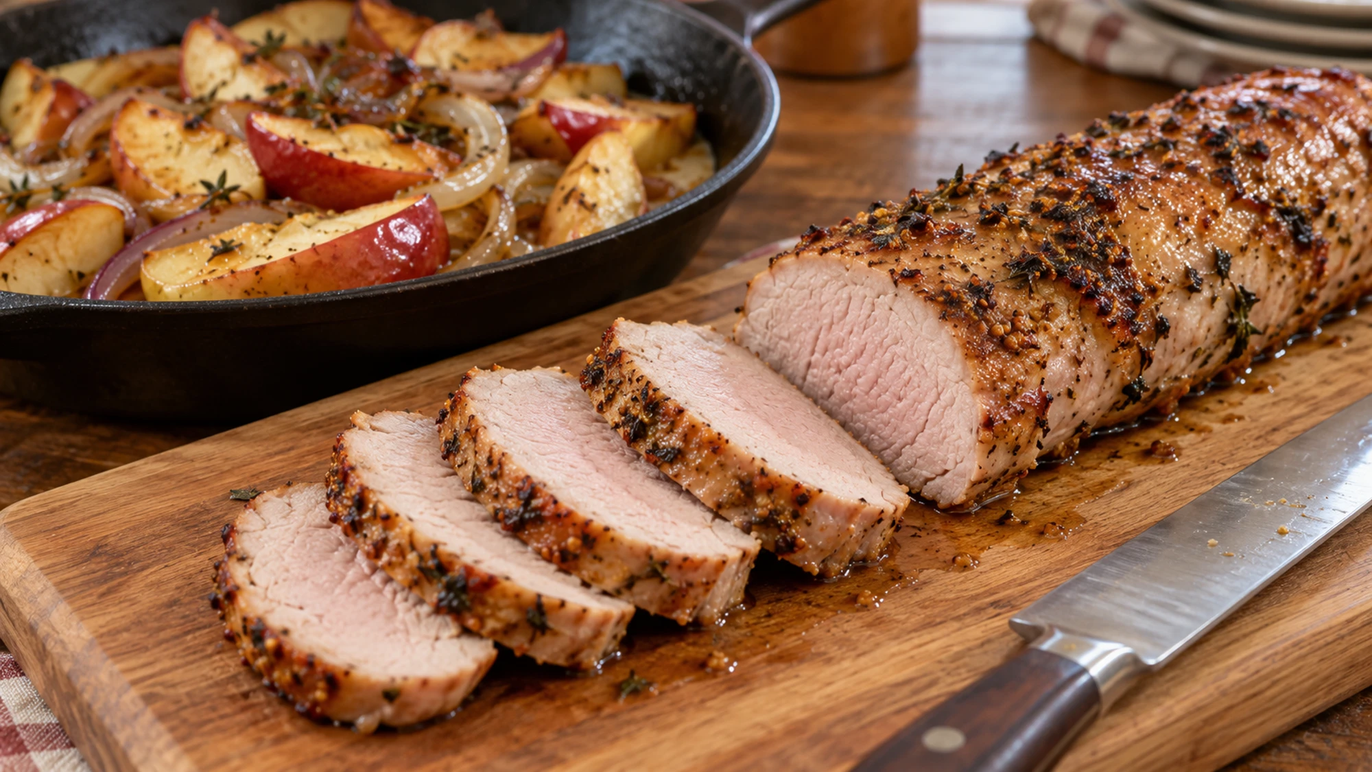 Sliced apple pork tenderloin showing moist meat after resting