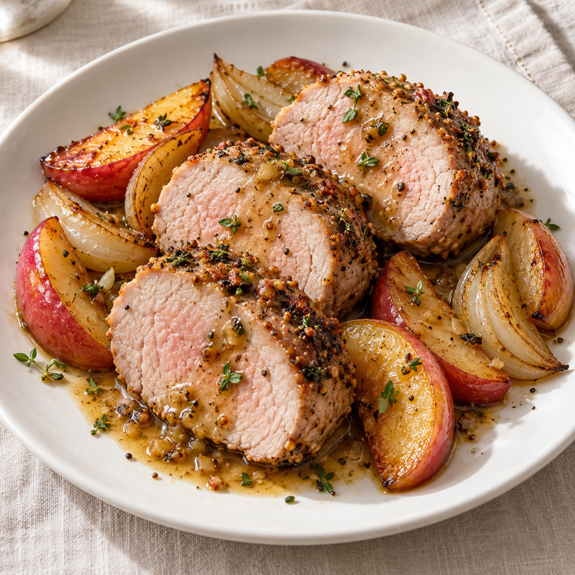 Apple pork tenderloin medallions with apple wedges and light pan sauce