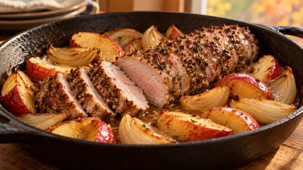 Apple pork tenderloin with mustard crust, roasted apples, and onions