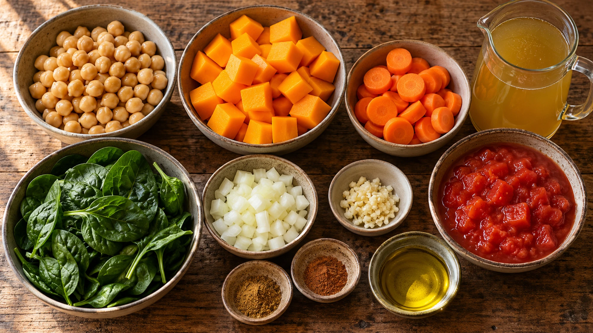 Ingredients for autumn chickpea stew arranged in bowls