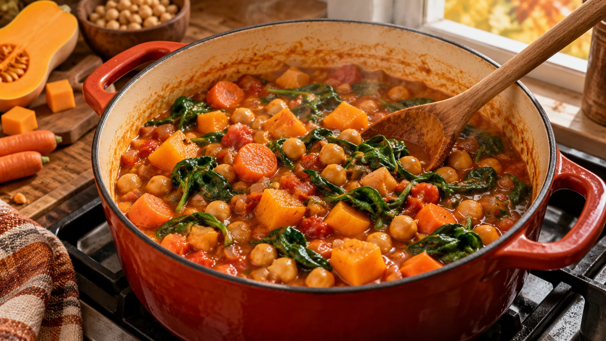 Autumn chickpea stew simmering in a Dutch oven with spinach