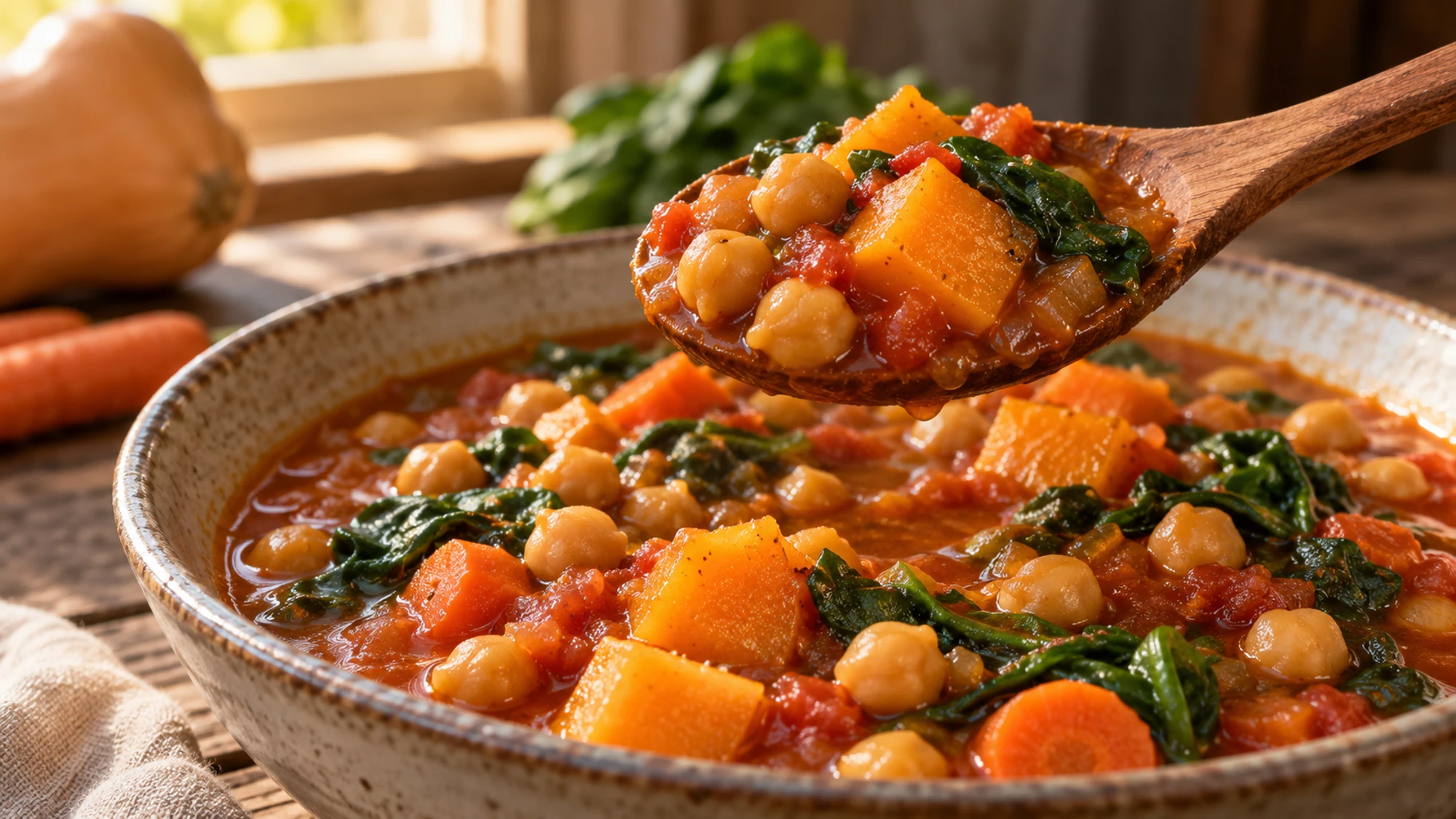 Spoonful of autumn chickpea stew with squash and chickpeas