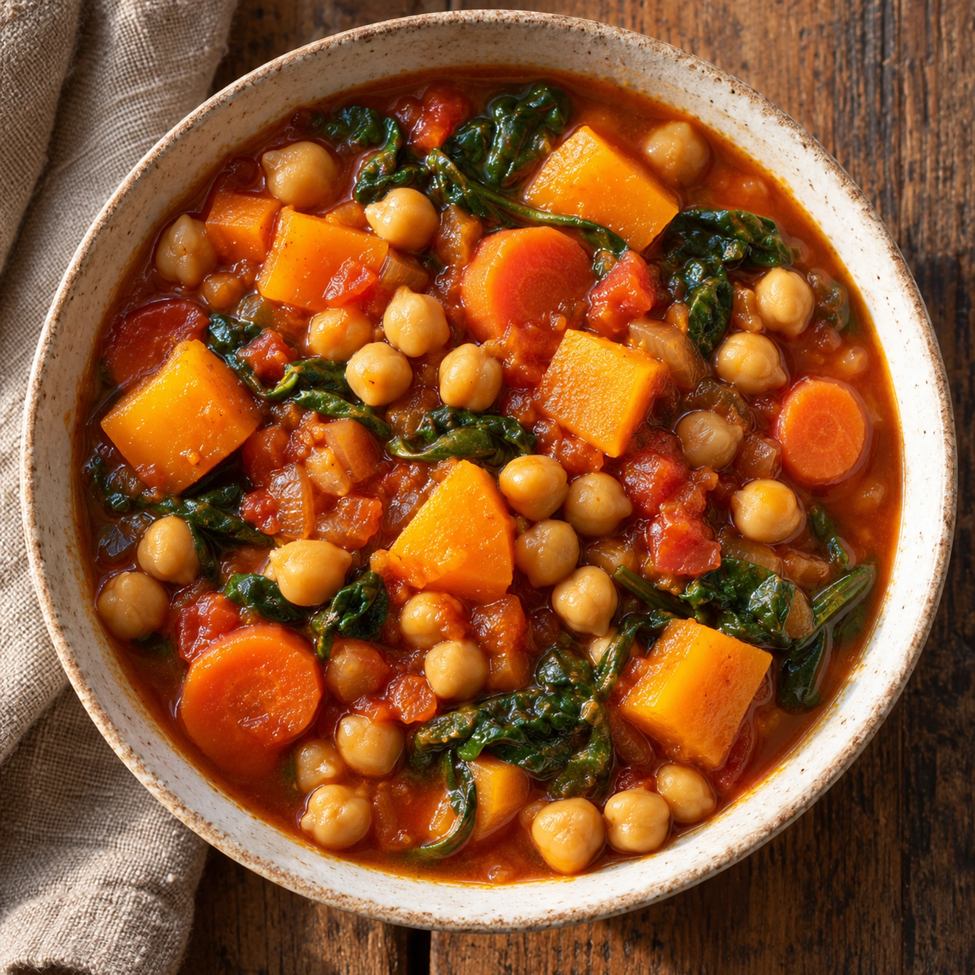 Overhead bowl of autumn chickpea stew in tomato broth
