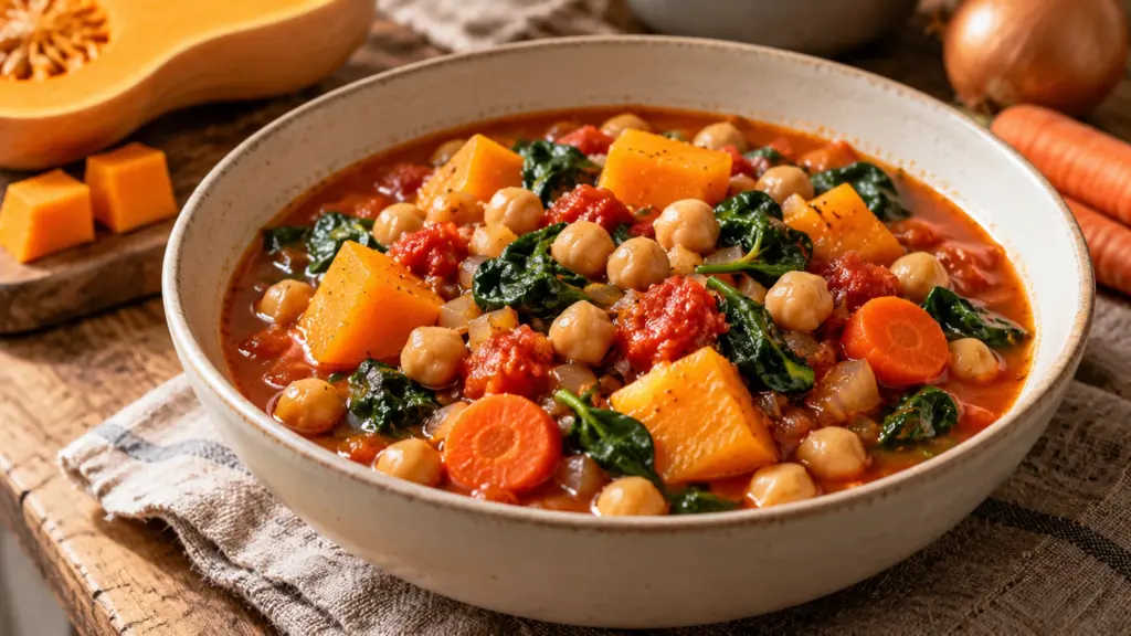 Autumn chickpea stew with butternut squash carrots and spinach