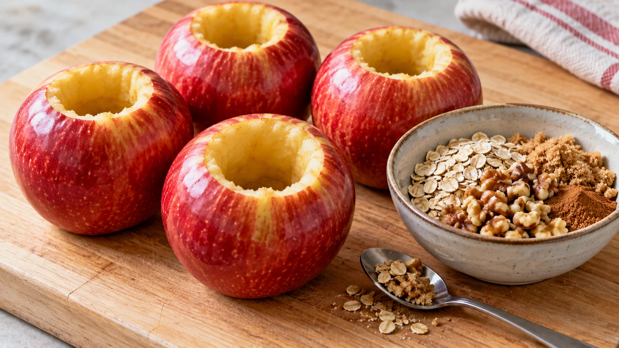 Hollowed apples and oat-walnut filling before making baked apples