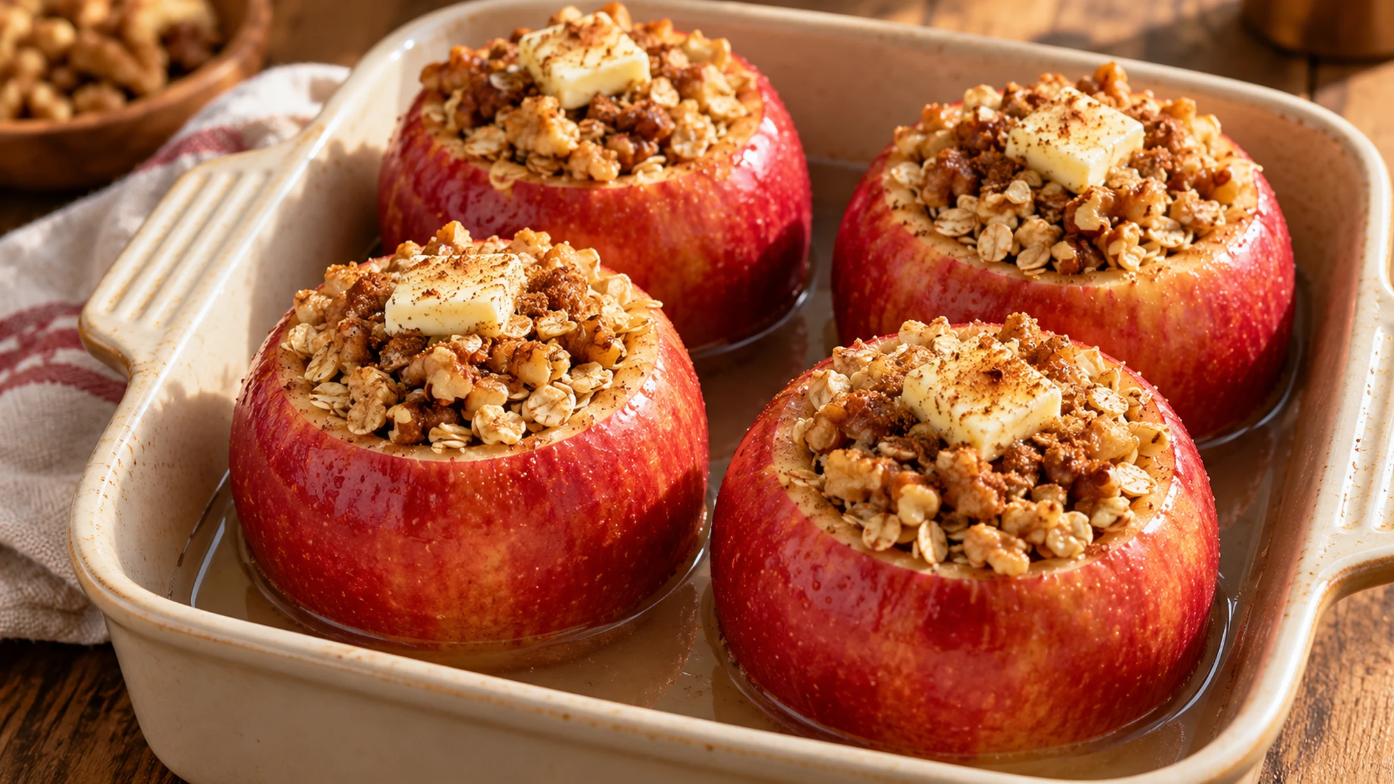 Baked apples prepared with filling and butter before baking