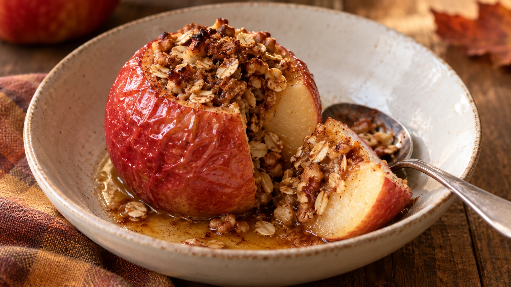 One of the baked apples cut open to show the tender fruit and oat-walnut center
