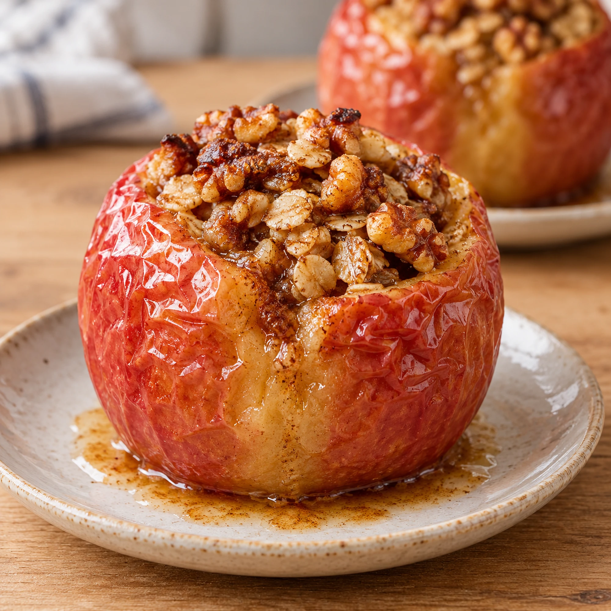 Baked apples with cinnamon and walnut-oat filling on a plate