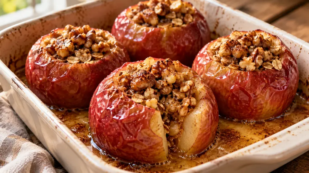 Baked apples with walnut-oat filling in a ceramic baking dish