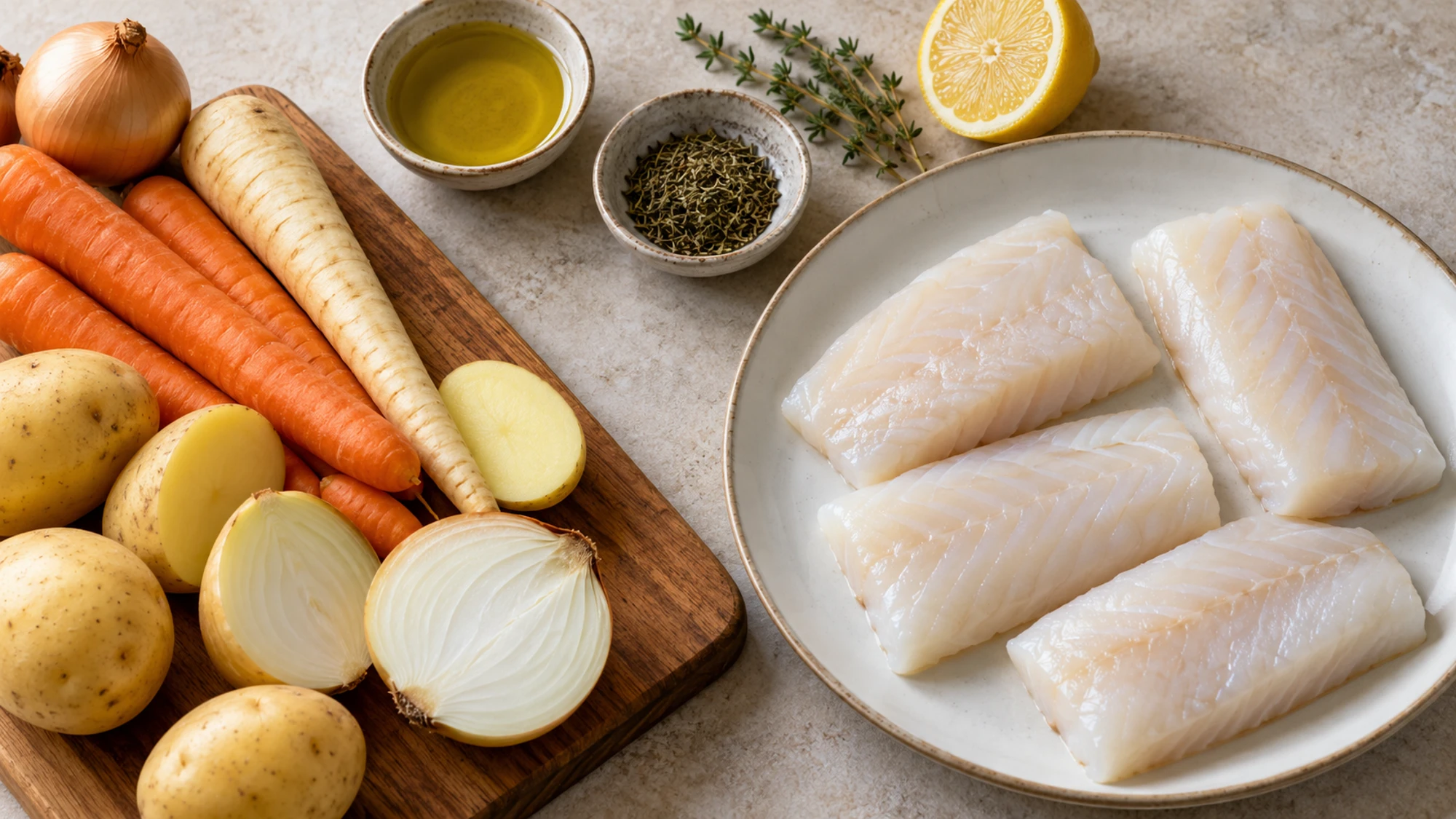 Raw cod and vegetables prepared separately for baked cod with root vegetables