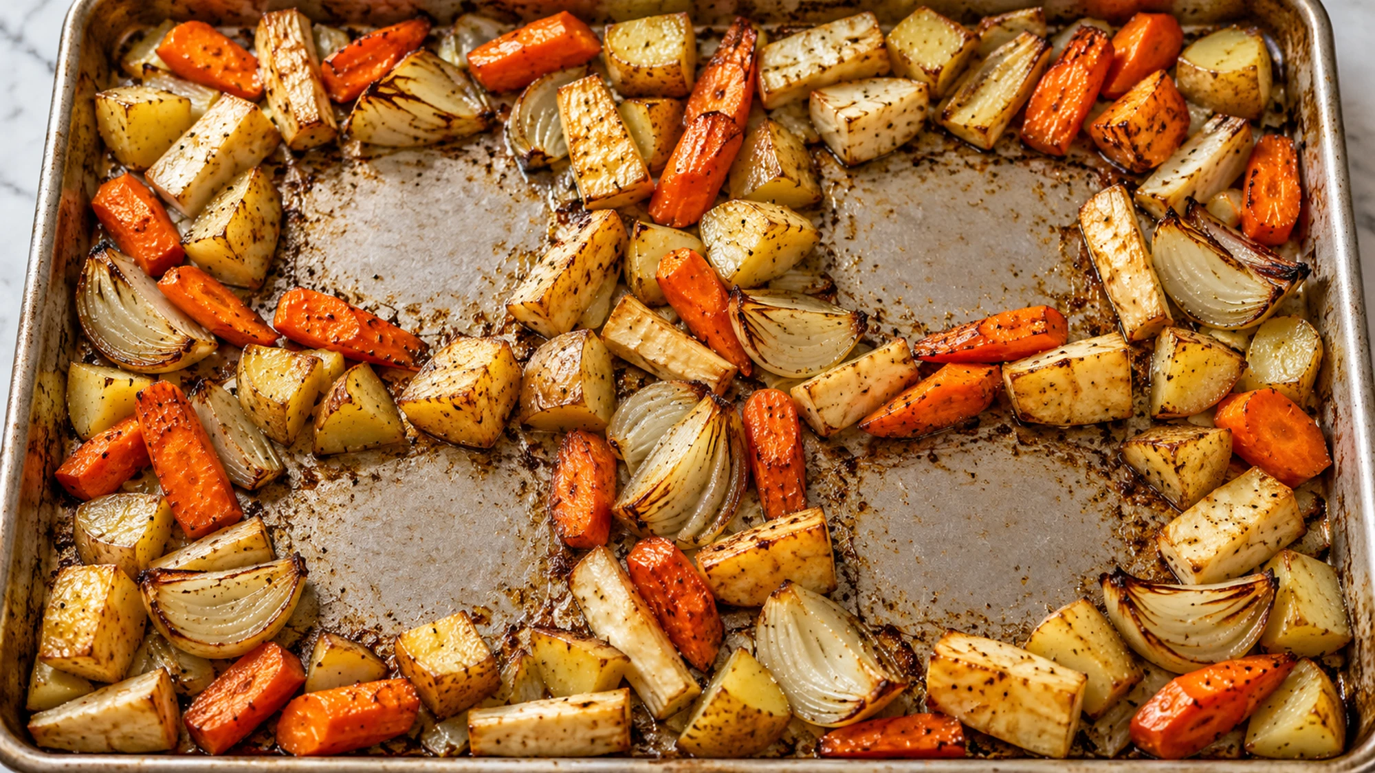 Roasted roots with space for fish in baked cod with root vegetables