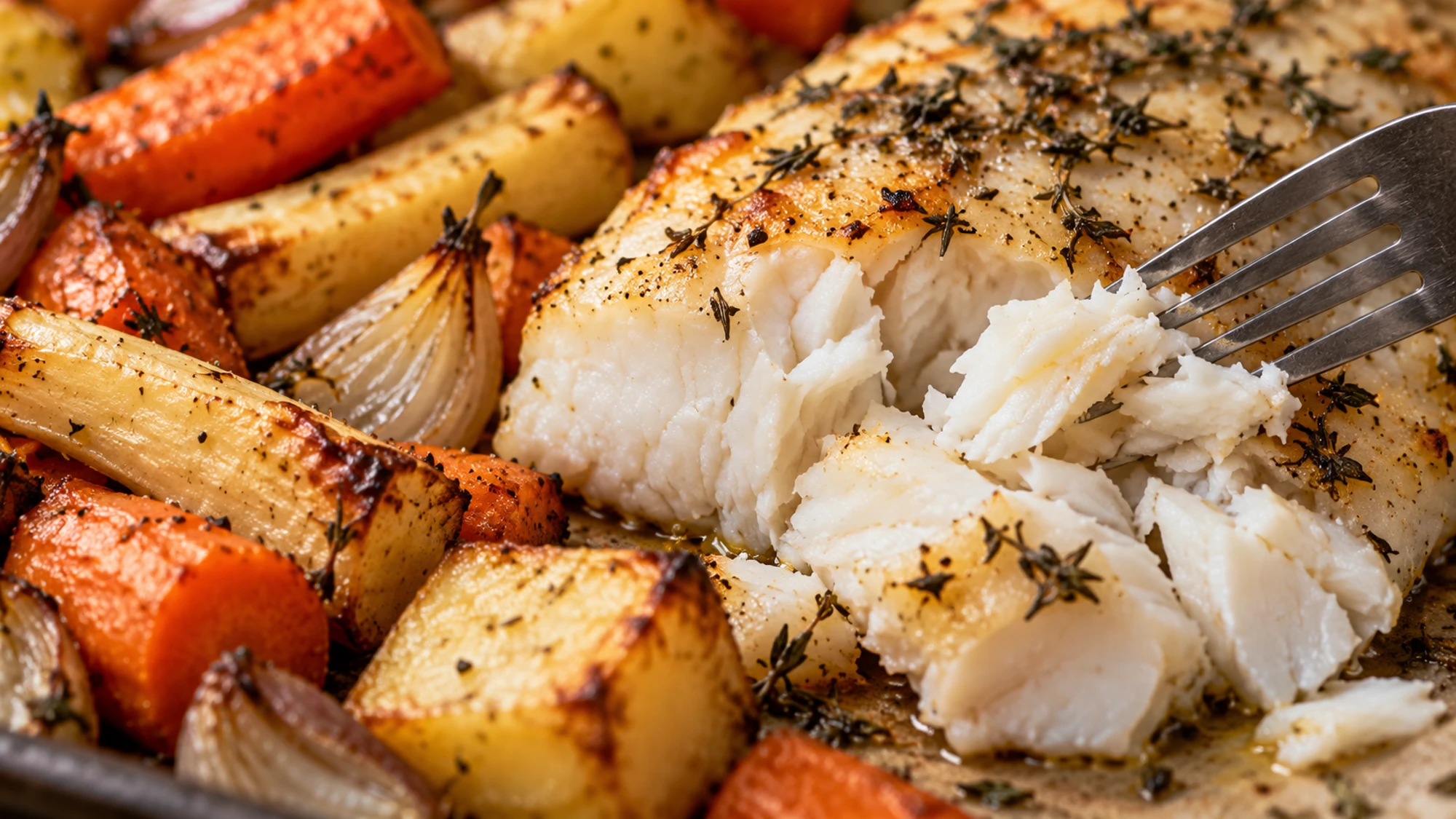 Flaky cooked fish in baked cod with root vegetables