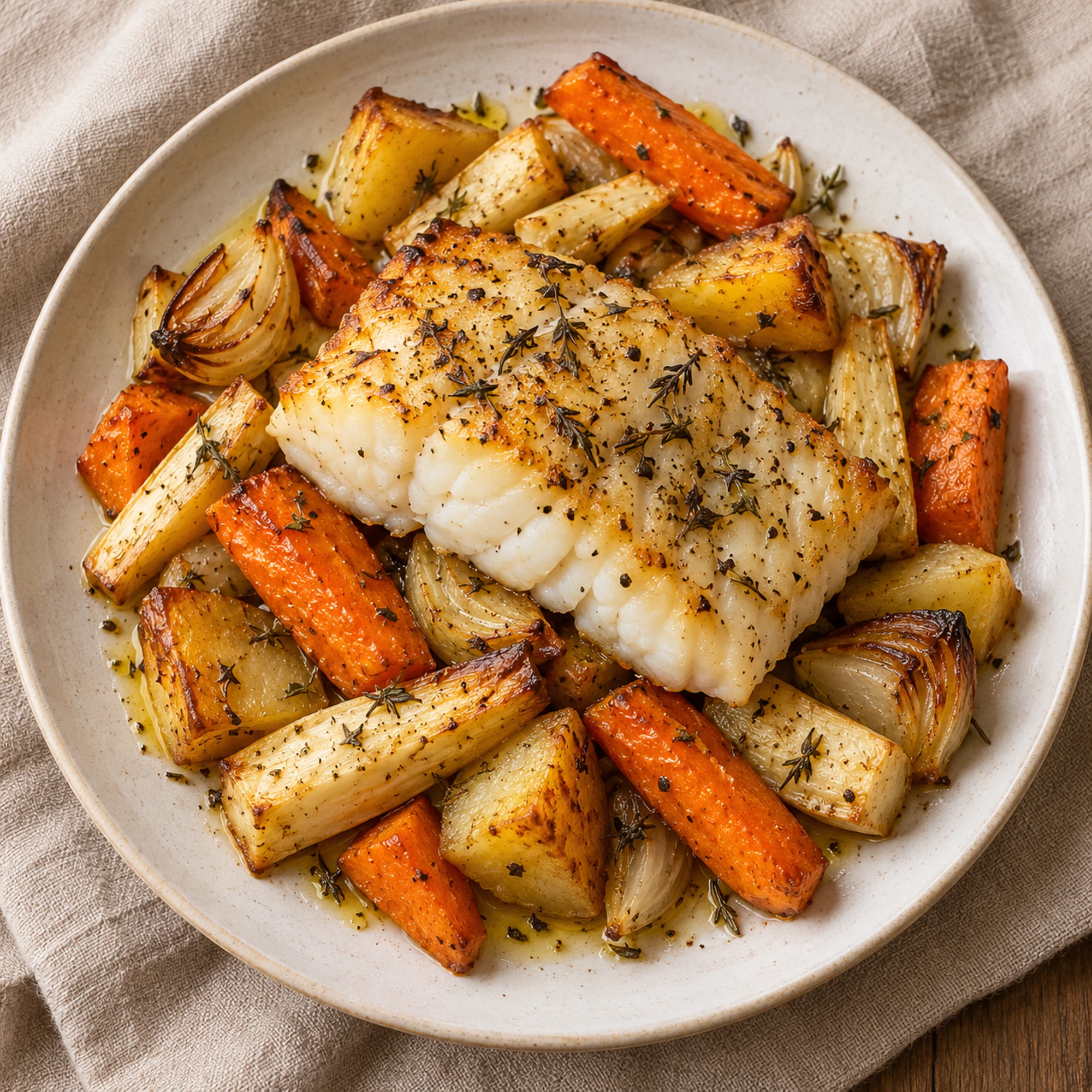 One serving of baked cod with root vegetables and thyme