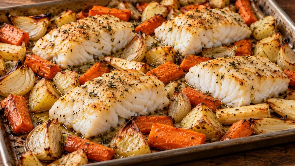 Baked cod with root vegetables on a sheet pan